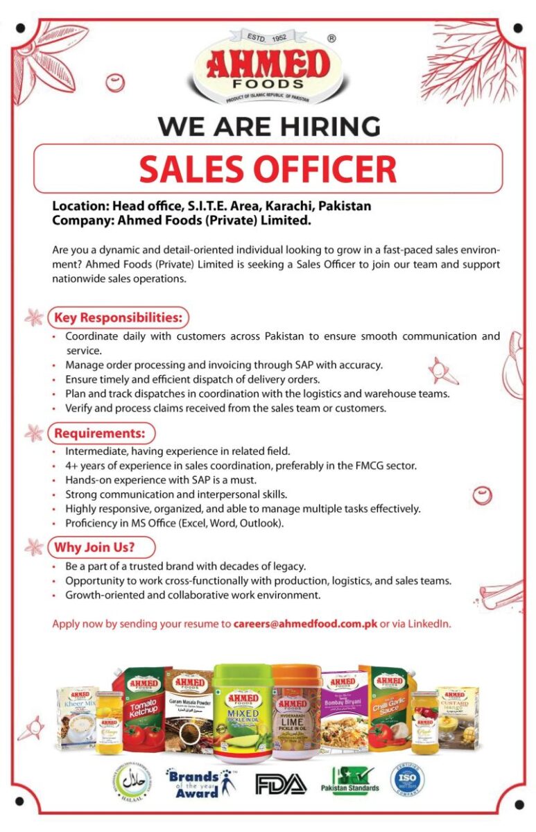 Ahmed Food Products Pvt Ltd Jobs Sales Officer 1