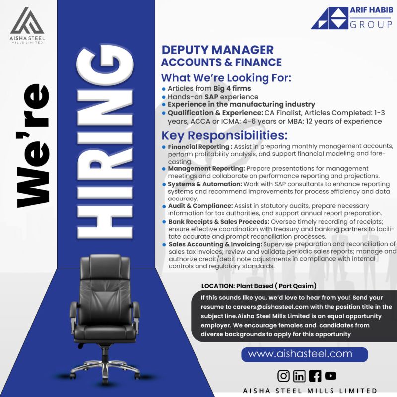 Aisha Steel Mills Limited ASML Jobs Deputy Manager Accounts & Finance 1