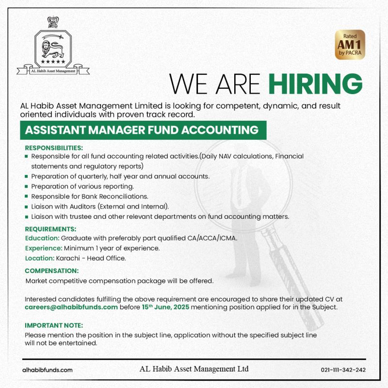 Al Habib Asset Management Limited Jobs Assistant Manager Fund Accounting 1