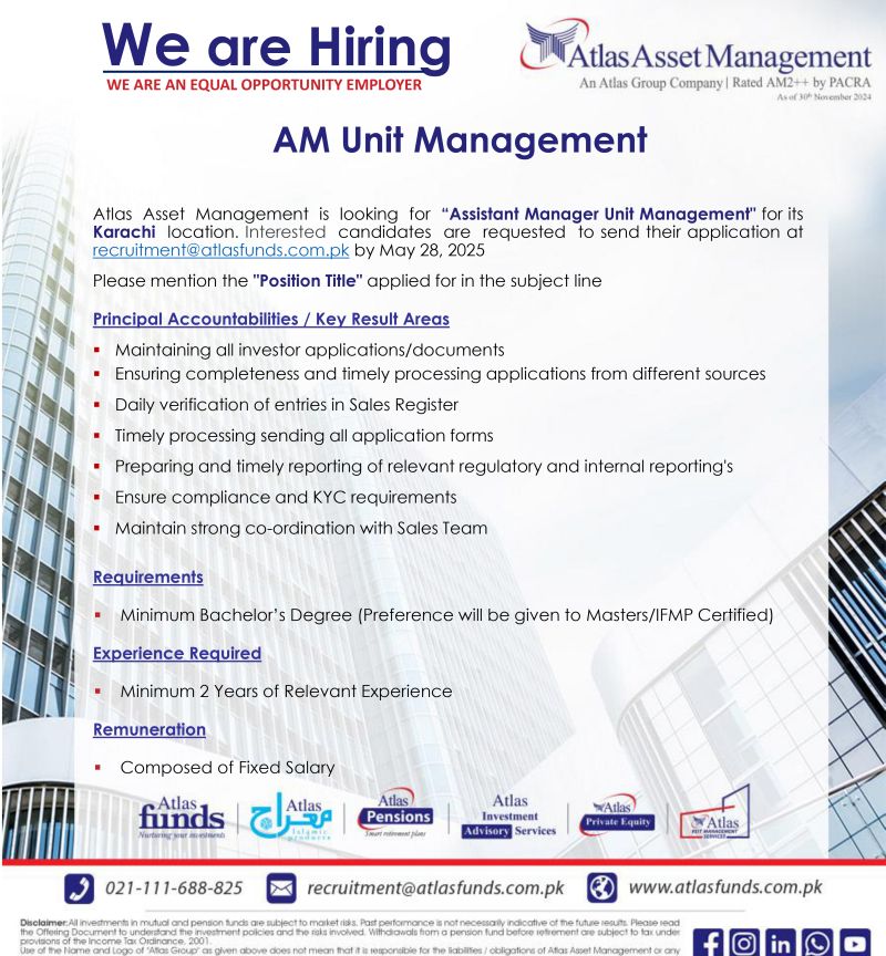 Atlas Asset Management Limited Jobs Assistant Manager Unit Management 1