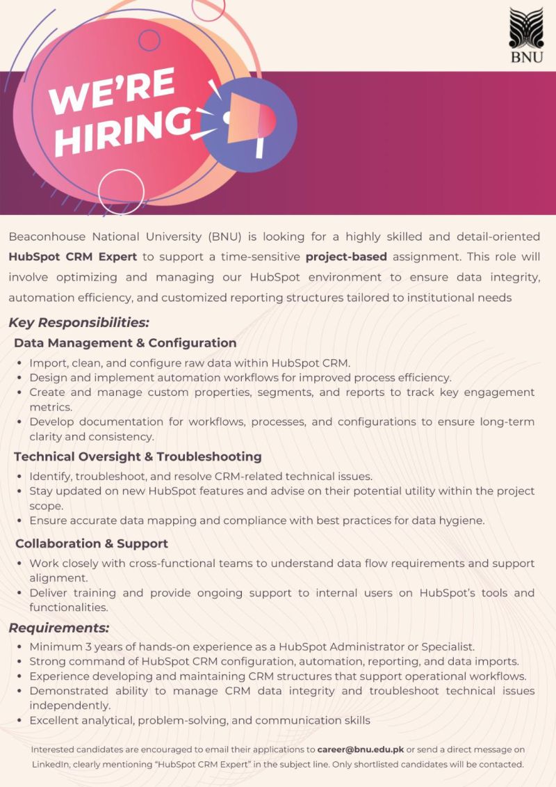 Beaconhouse National University (BNU) Jobs HubSpot CRM Expert 1