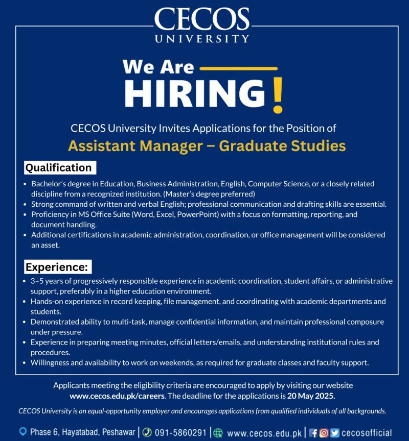 CECOS University Jobs Assistant Manager Graduate Studies 1