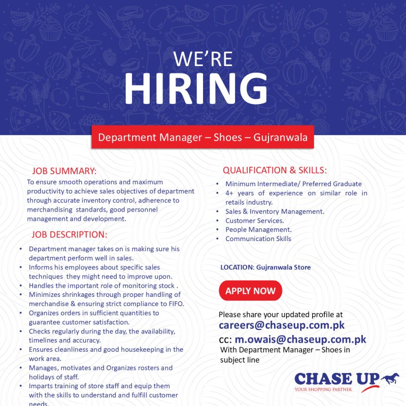 Chase Up Jobs Department Manager 1