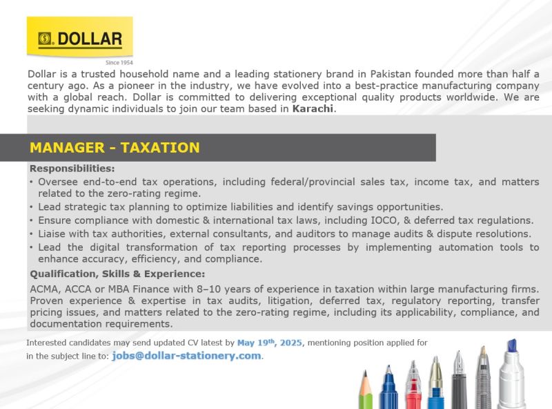 Dollar Industries Limited Jobs Manager Taxation 1