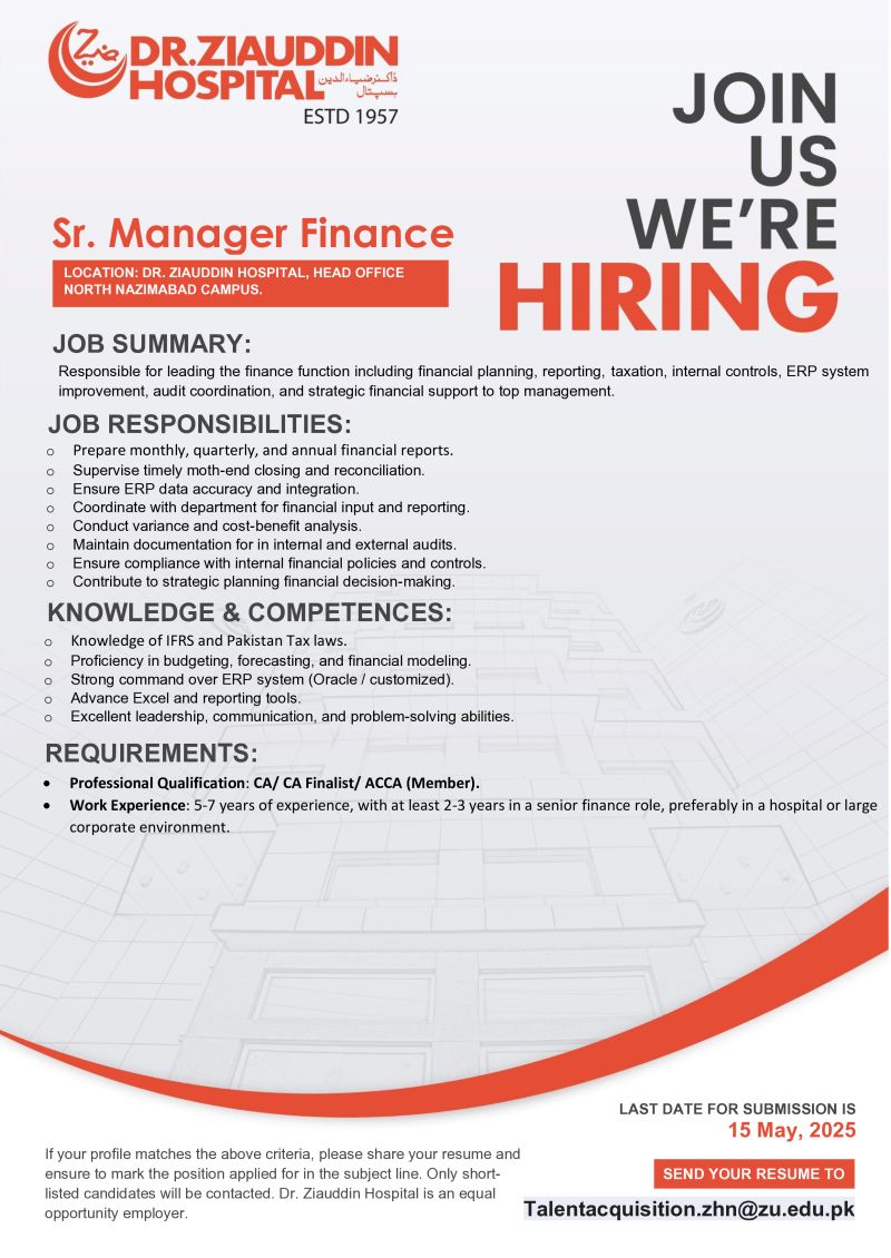 Dr Ziauddin Hospital Jobs Sr Manager Finance 1