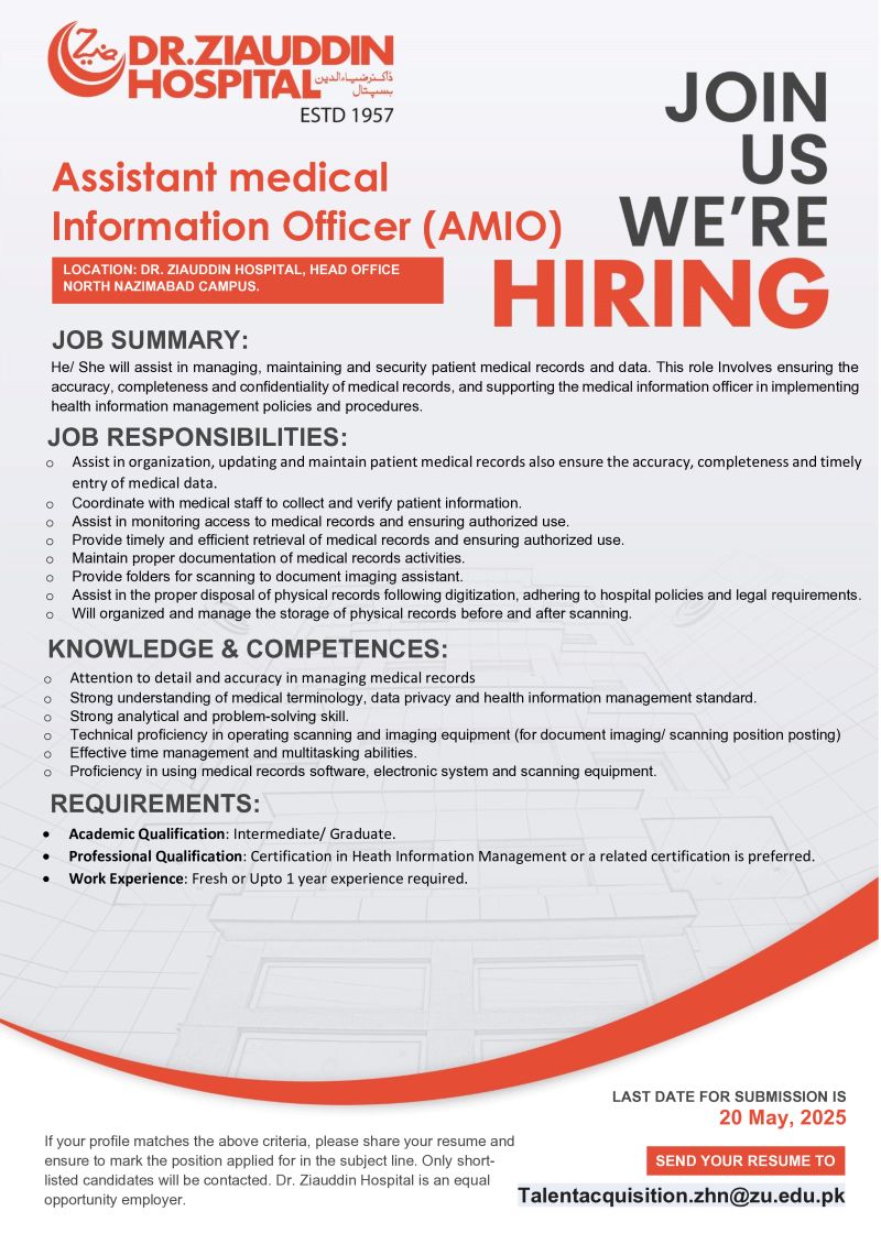 Dr Ziauddin Hospital Jobs Assistant Medical Information Officer (AMIO) 1