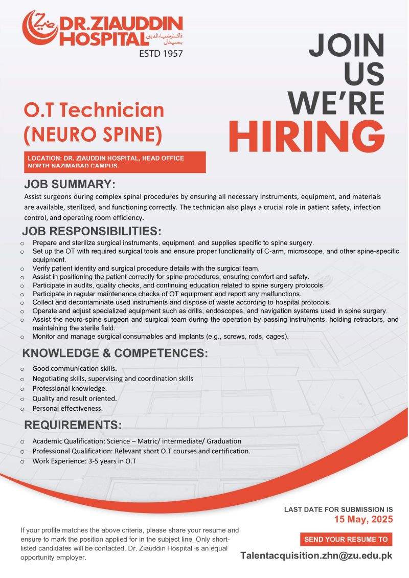 Dr Ziauddin Hospital Jobs OT Technician 1