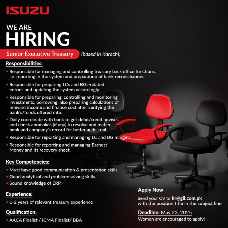 ISUZU Pakistan Jobs Sr Executive Treasury 1