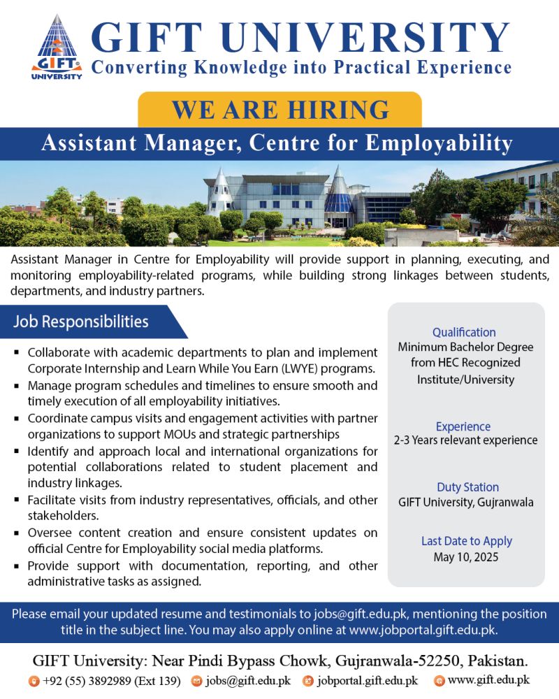 GIFT University Jobs Assistant Manager Centre for Employability 1