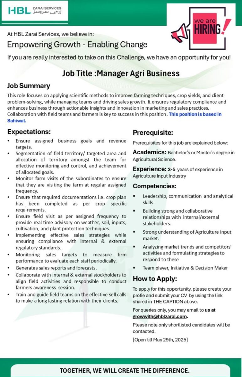 HBL Zarai Services Limited Jobs Manager Agri Business 1