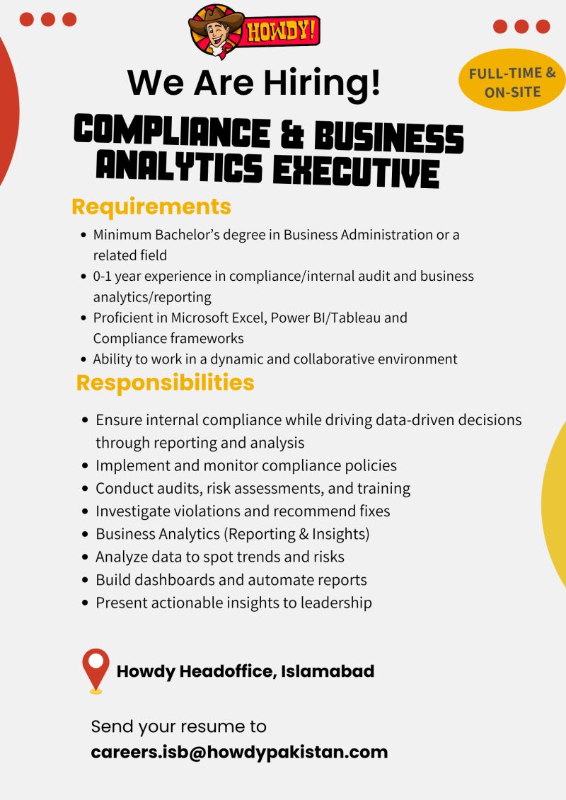 Howdy Pakistan Jobs Compliance & Business Analytics Executive 1