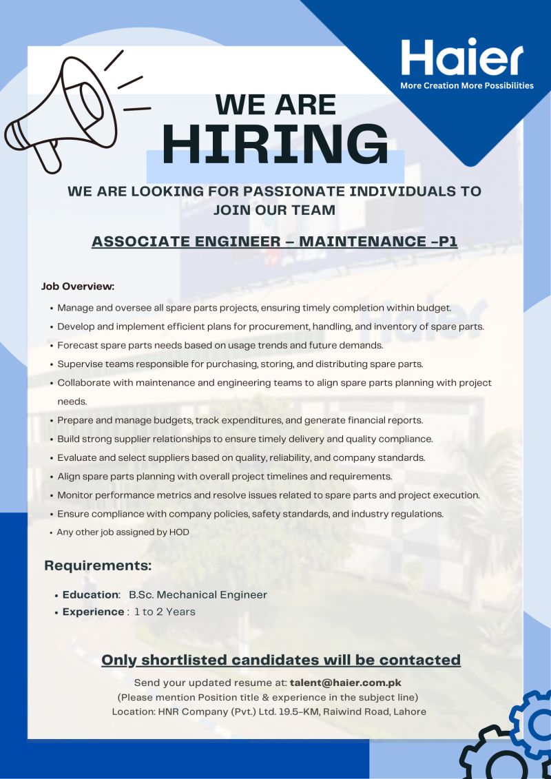 Haier Pakistan Jobs Associate Engineer Maintenance P1 1