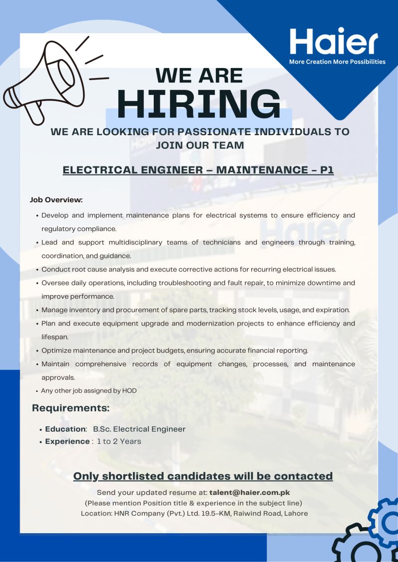 Haier Pakistan Jobs Electrical Engineer Maintenance 1
