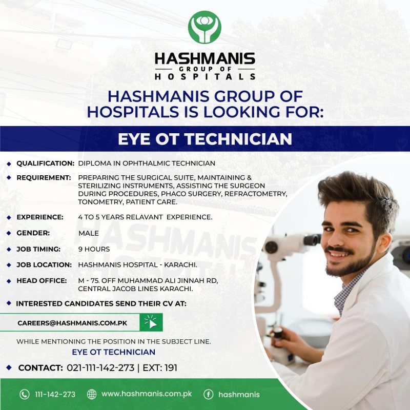 Hashmanis Group Of Hospitals Jobs Eye OT Technician 1