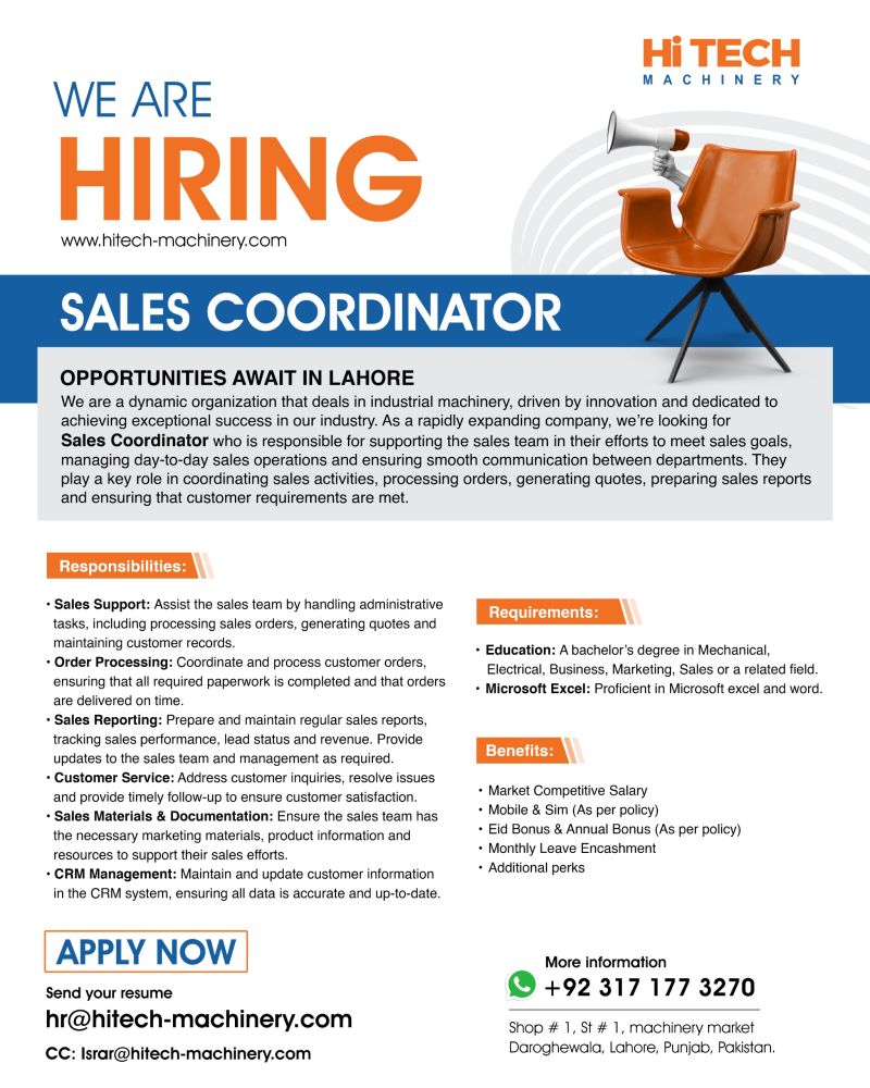HiTECH Machinery Jobs Sales Coordinator 1