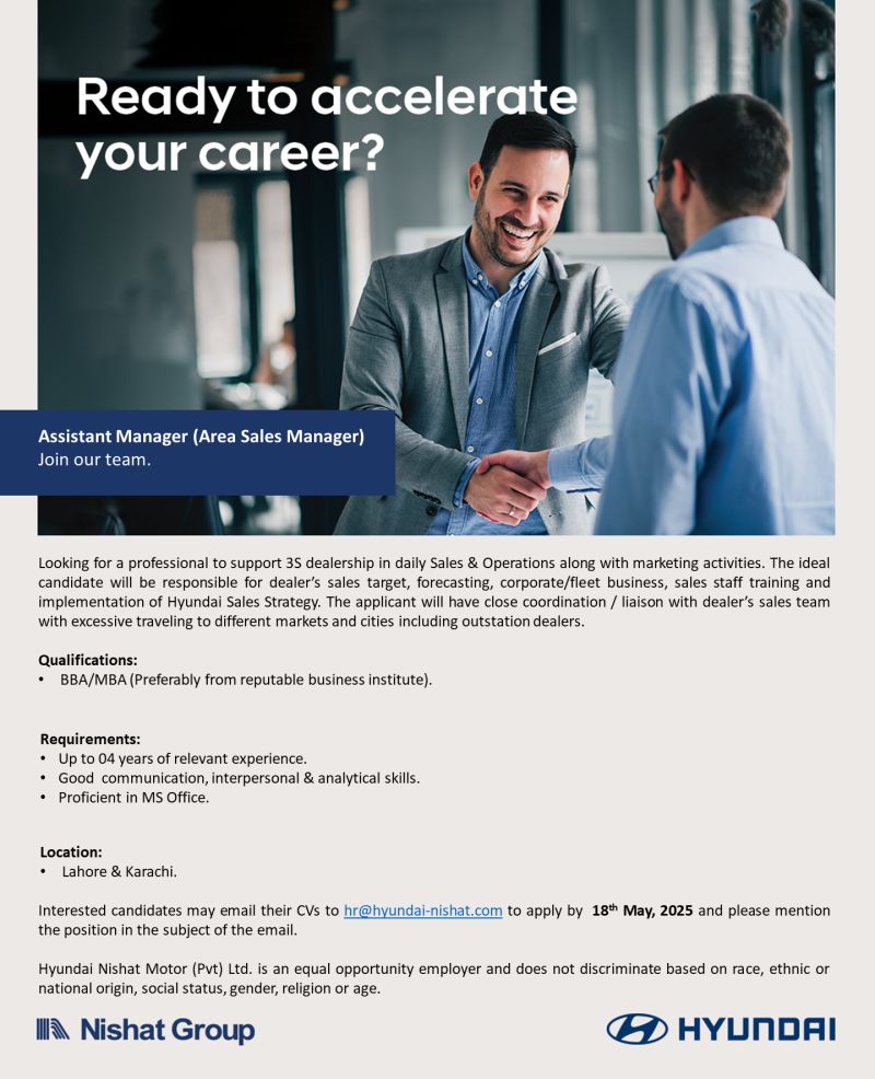 Hyundai Nishat Motor Pvt Ltd Jobs Assistant Manager (Area Sales Manager) 1