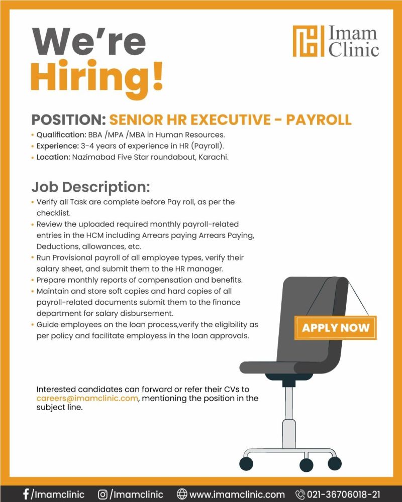 Imam Clinic Jobs Senior HR Executive Payroll 1