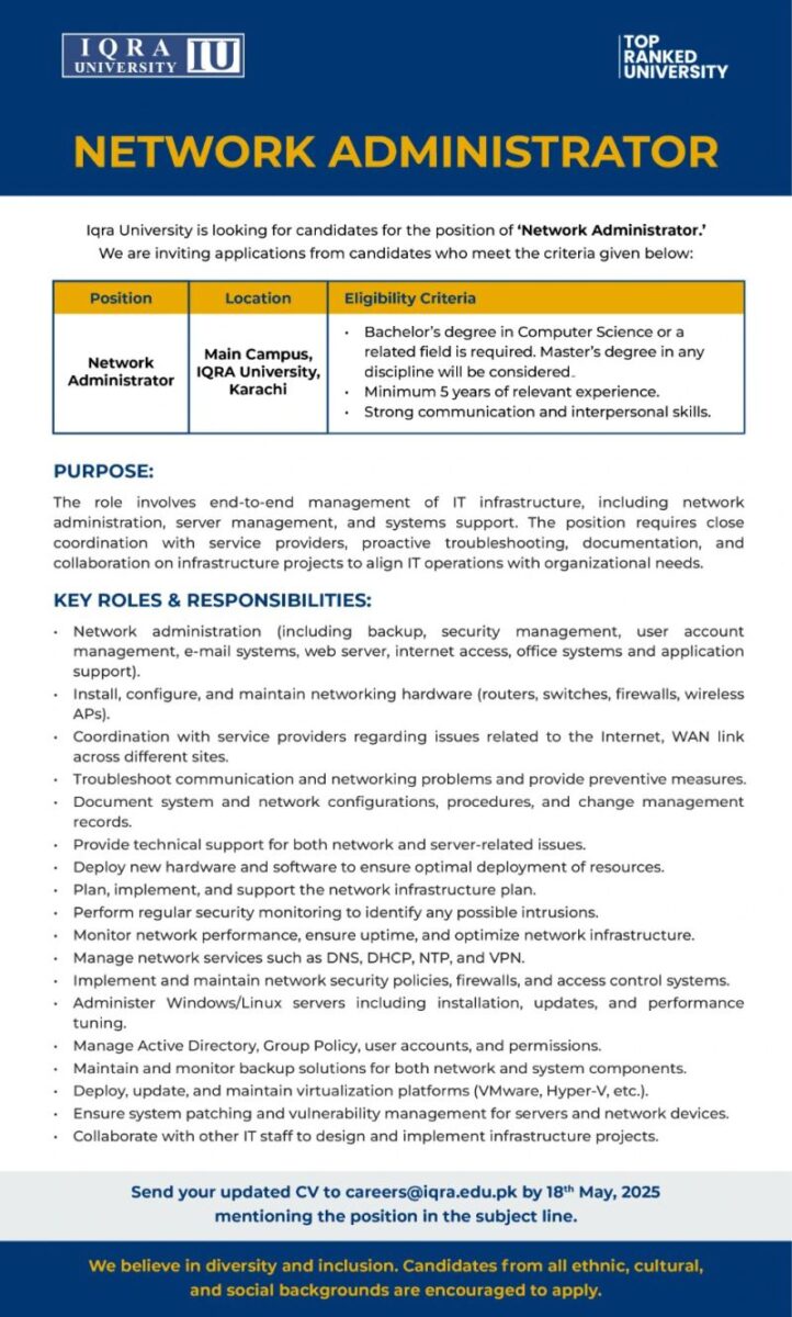 Iqra University Jobs Network Administrator 1