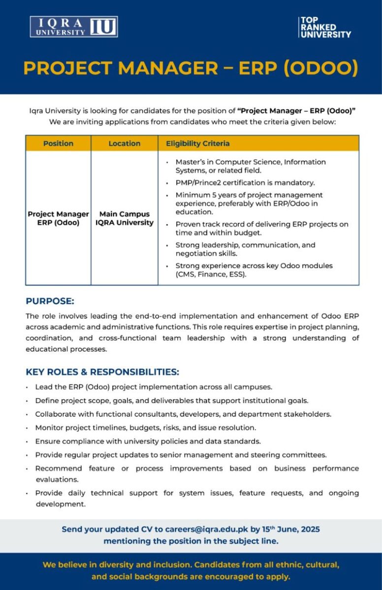 Iqra University Jobs Project Manager ERP ODOO 1