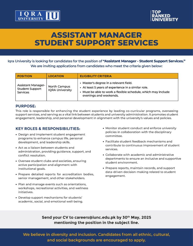 Iqra University Jobs Assistant Manager Student Support Services 1