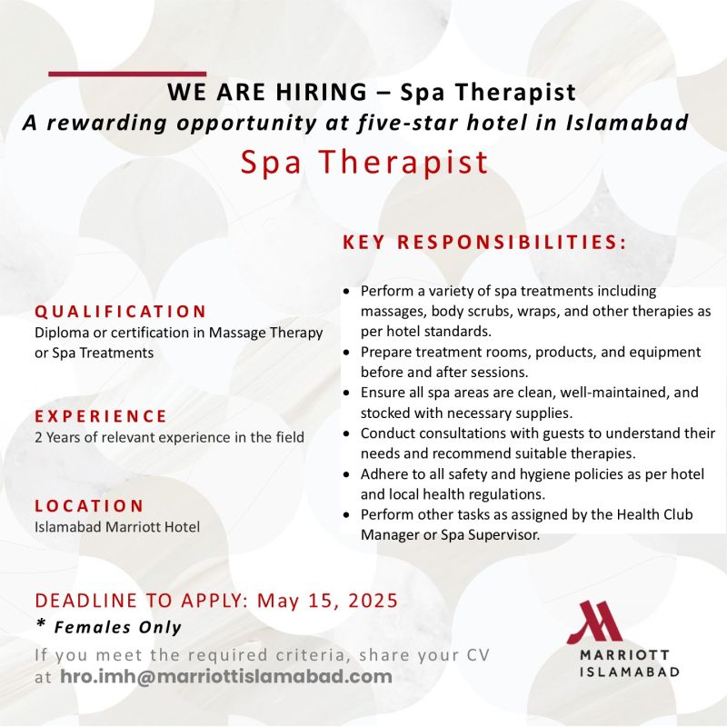 Islamabad Marriott Hotel Jobs SPA Therapist 1