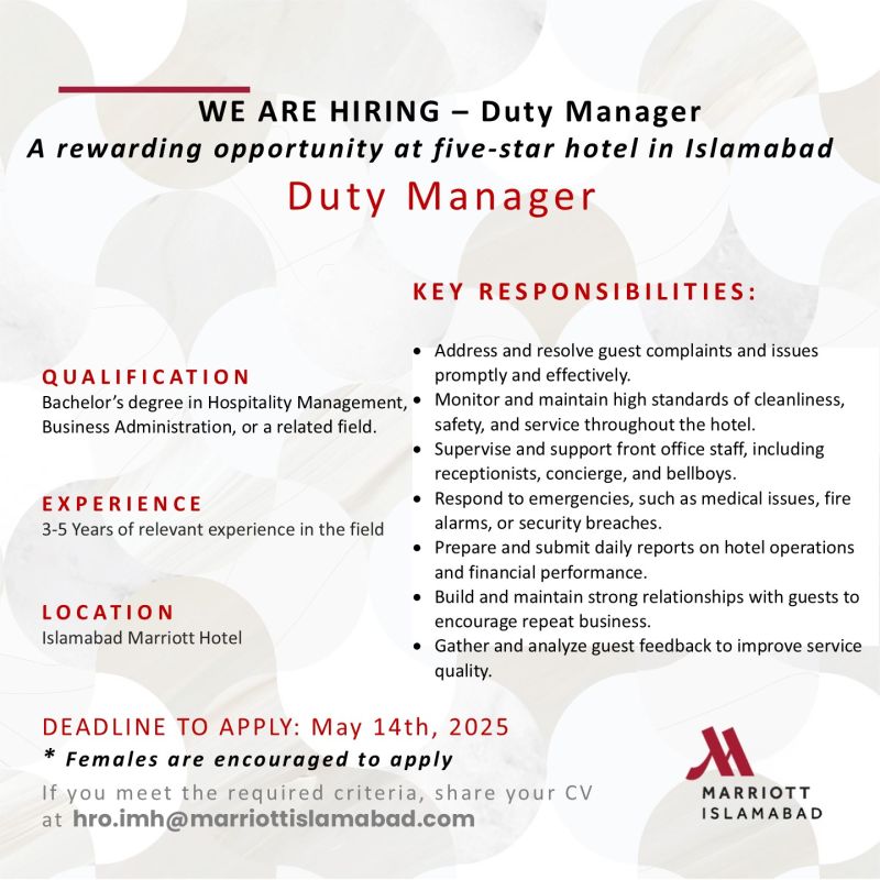 Islamabad Marriott Hotel Jobs Duty Manager 1