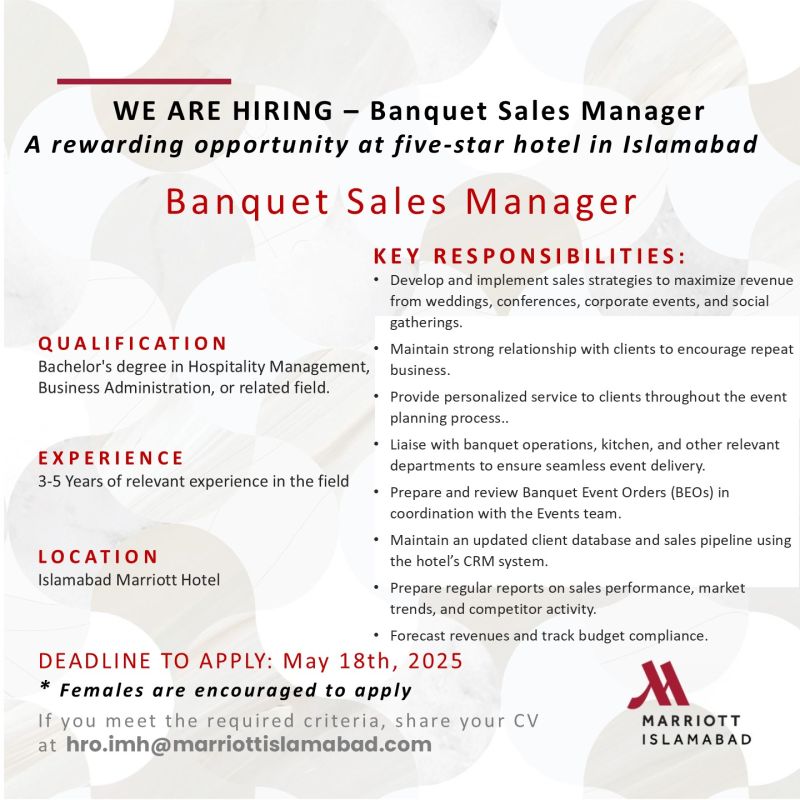 Islamabad Marriott Hotel Jobs Banquet Sales Manager 1