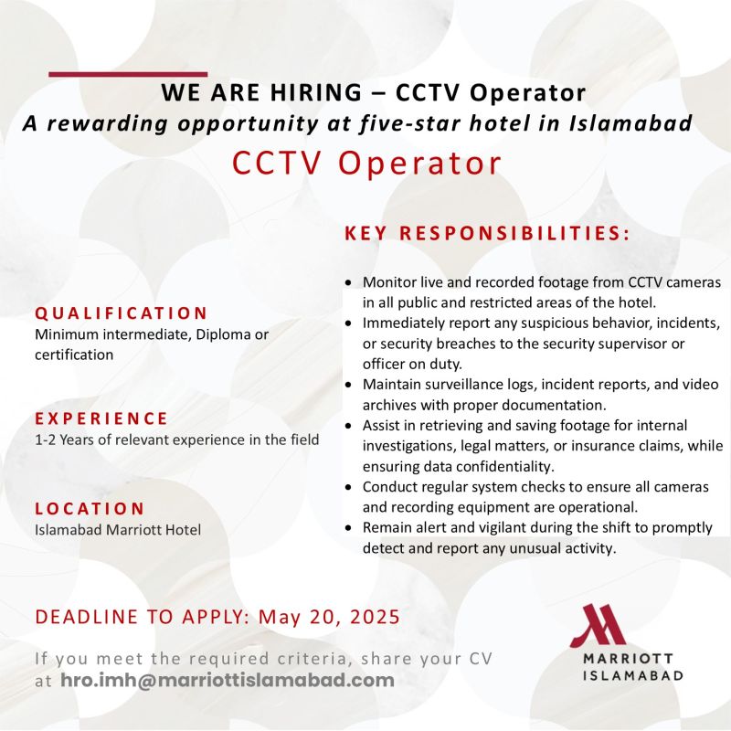 Islamabad Marriott Hotel Jobs CCTV Operator 1