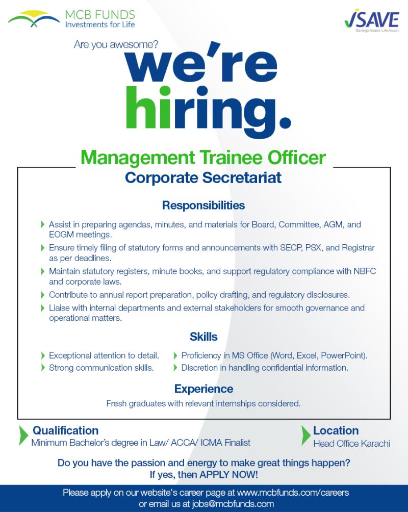 MCB Funds Jobs Management Trainee Officer Corporate Secretariat 1
