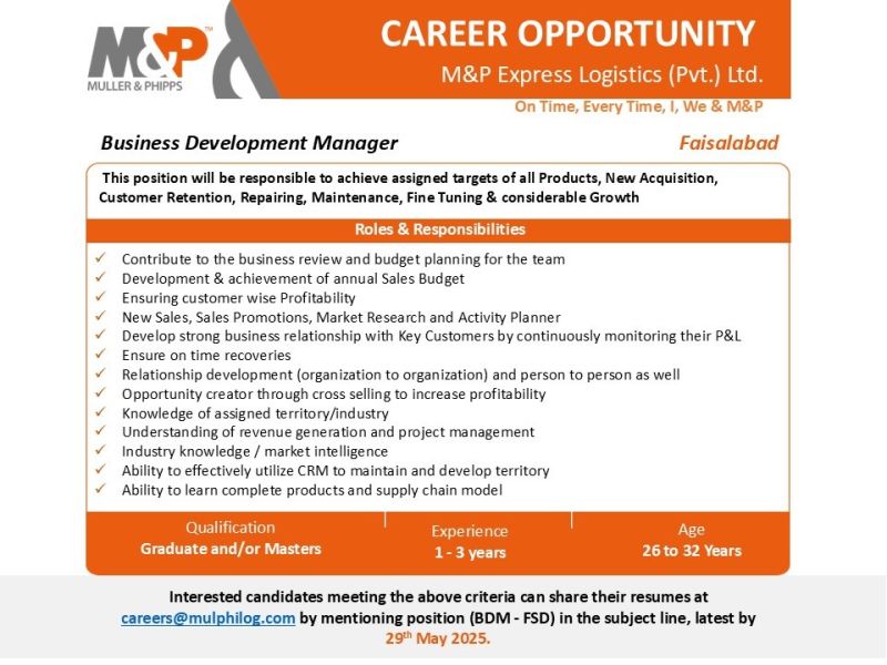 M&P Express Logistics (Pvt) Ltd Jobs Business Development Manager (BDM) 1