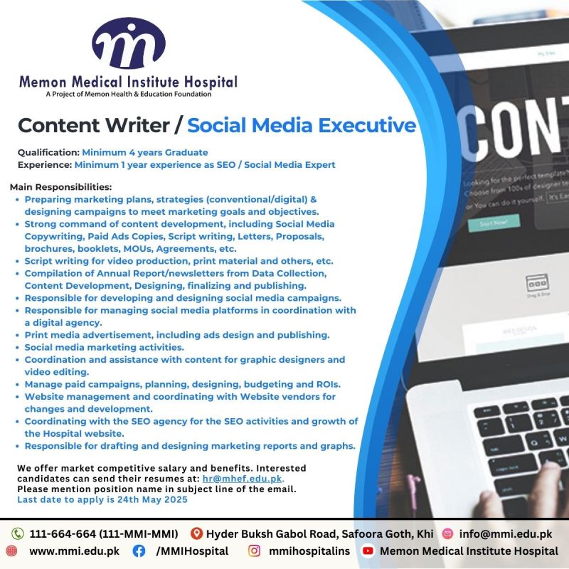 Memon Medical Institute Hospital Jobs Content Writer / Social Media Executive 1