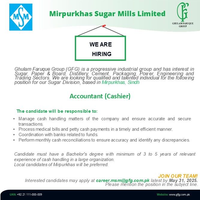 Mirpurkhas Sugar Mills Limited Jobs Accountant (Cashier) 1
