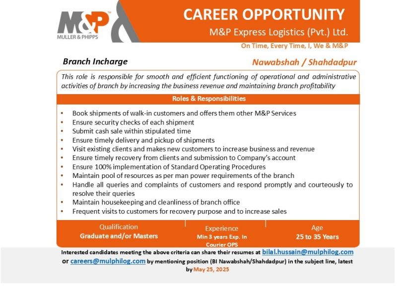 M&P Express Logistics Jobs Branch Incharge 1