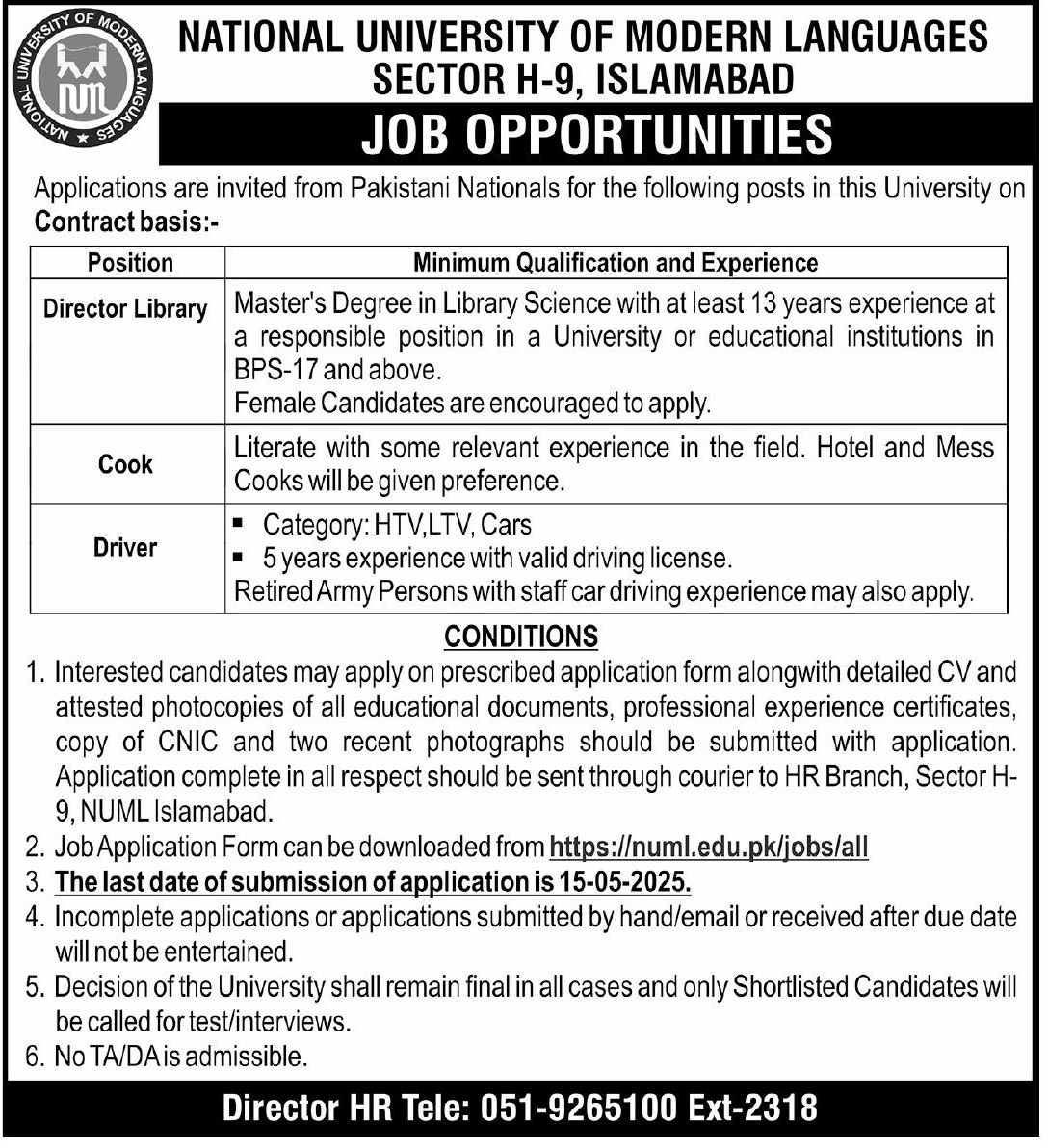 National University of Modern Languages NUML Jobs May 2025 1