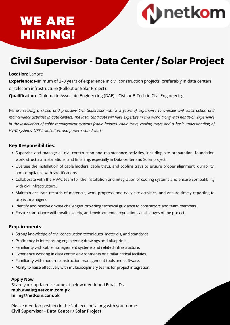 Netkom Technologies Pvt Ltd Jobs Civil Supervisor Data Center / Solar Project 1