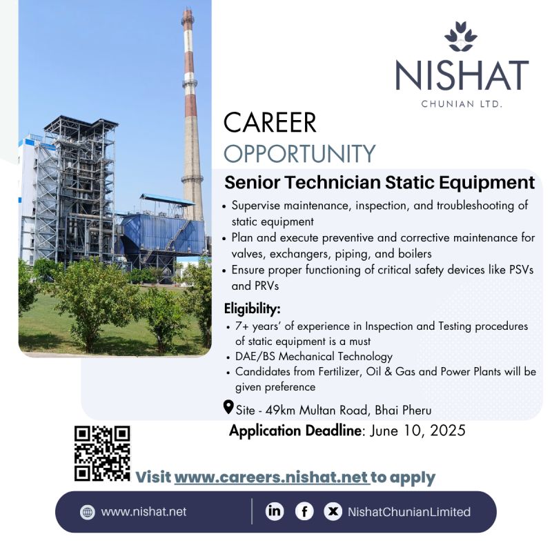 Nishat Chunian Ltd Jobs Senior Technician Static Equipment 1