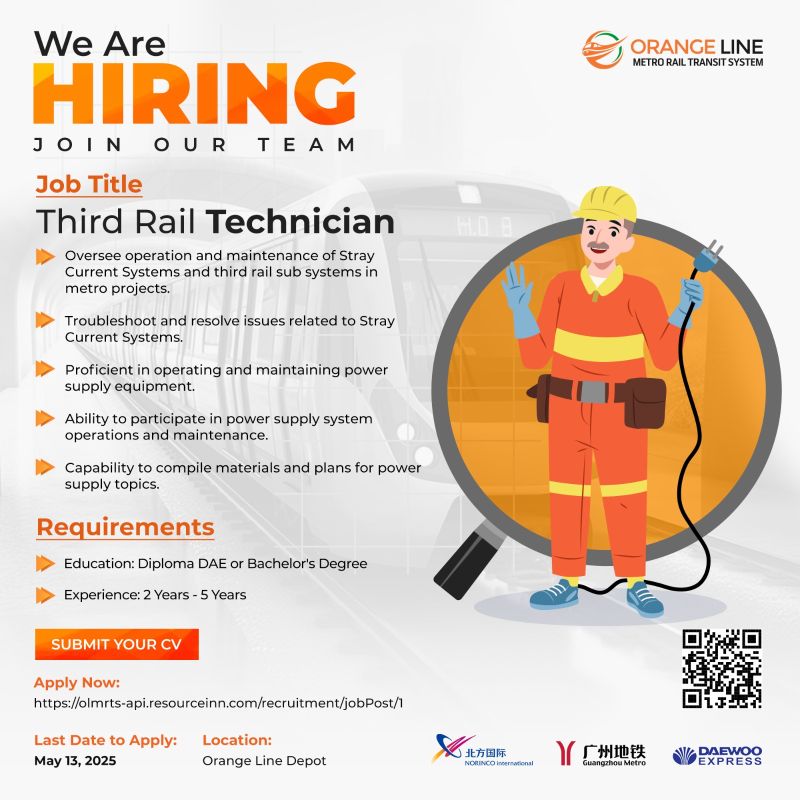 Orange Line Metro Rail Transit System (OLMRTS) Jobs Third Rail Technician 1