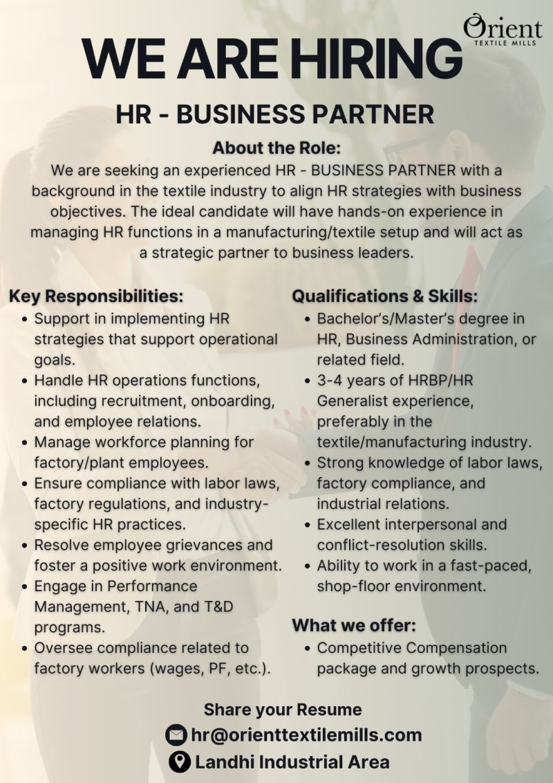Orient Textile Mills Jobs HR Business Partner 1