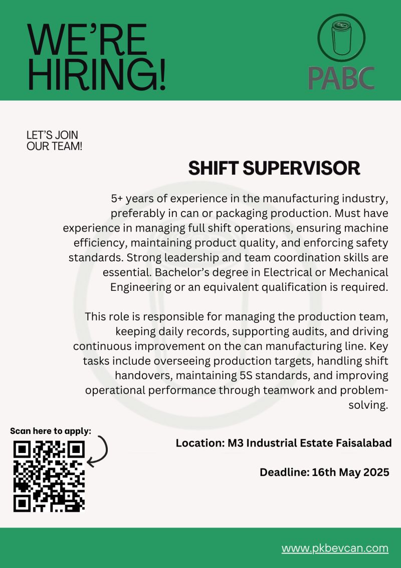 Pakistan Aluminium Beverage Cans Limited Jobs Shift Supervisor 1