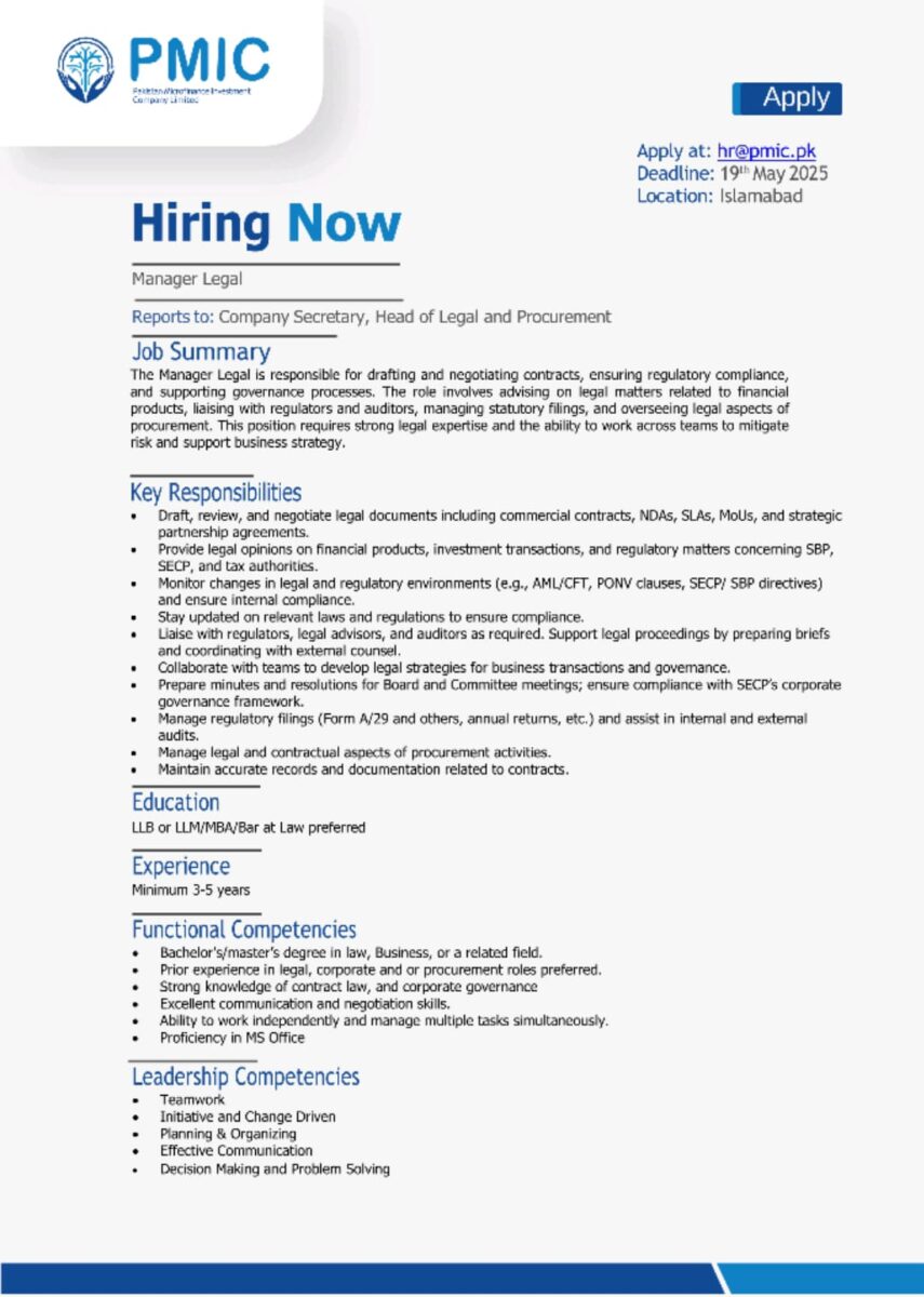 Pakistan Microfinance Investment Company PMIC JObs Manager Legal 1