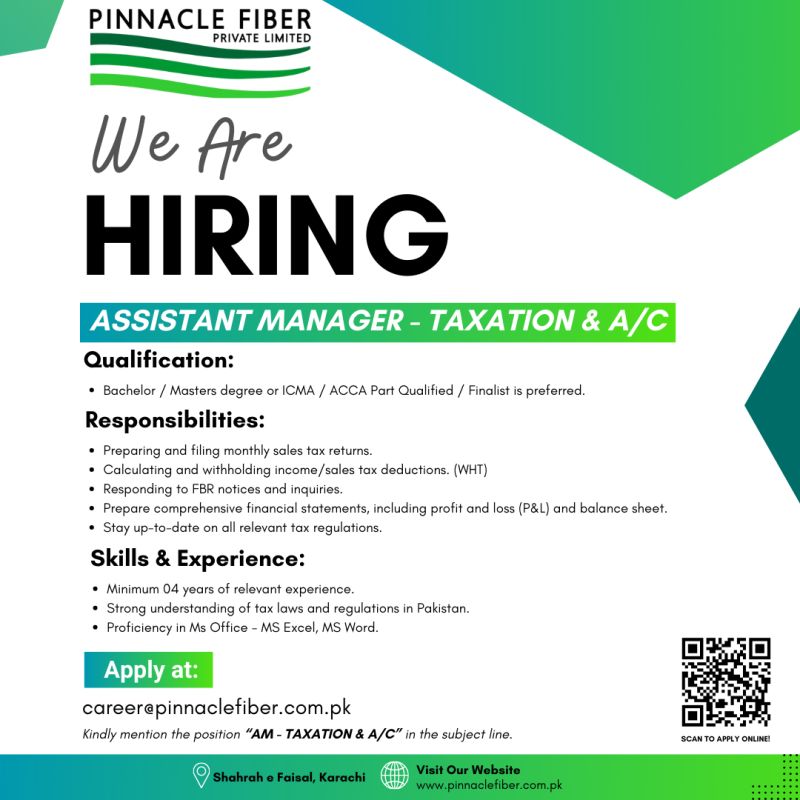 Pinnacle Fiber Pvt Ltd Jobs Assistant Manager Taxation & A/C 1