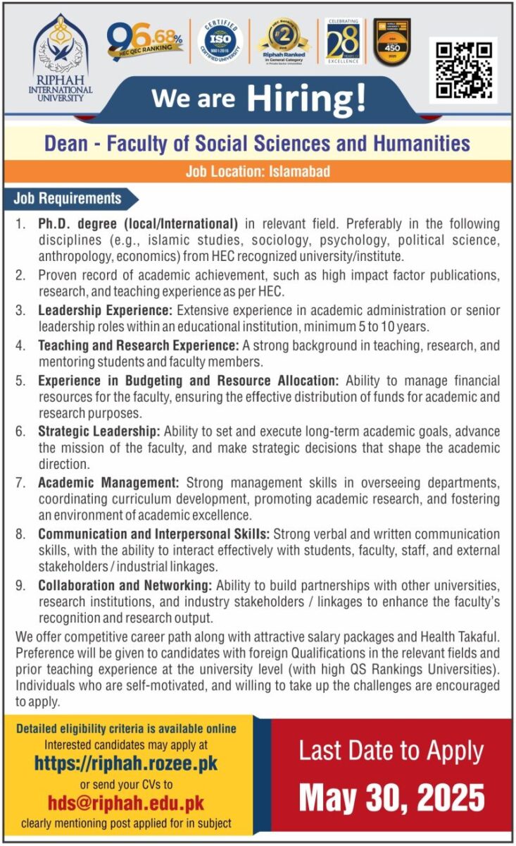 Riphah International University Jobs Dean 1