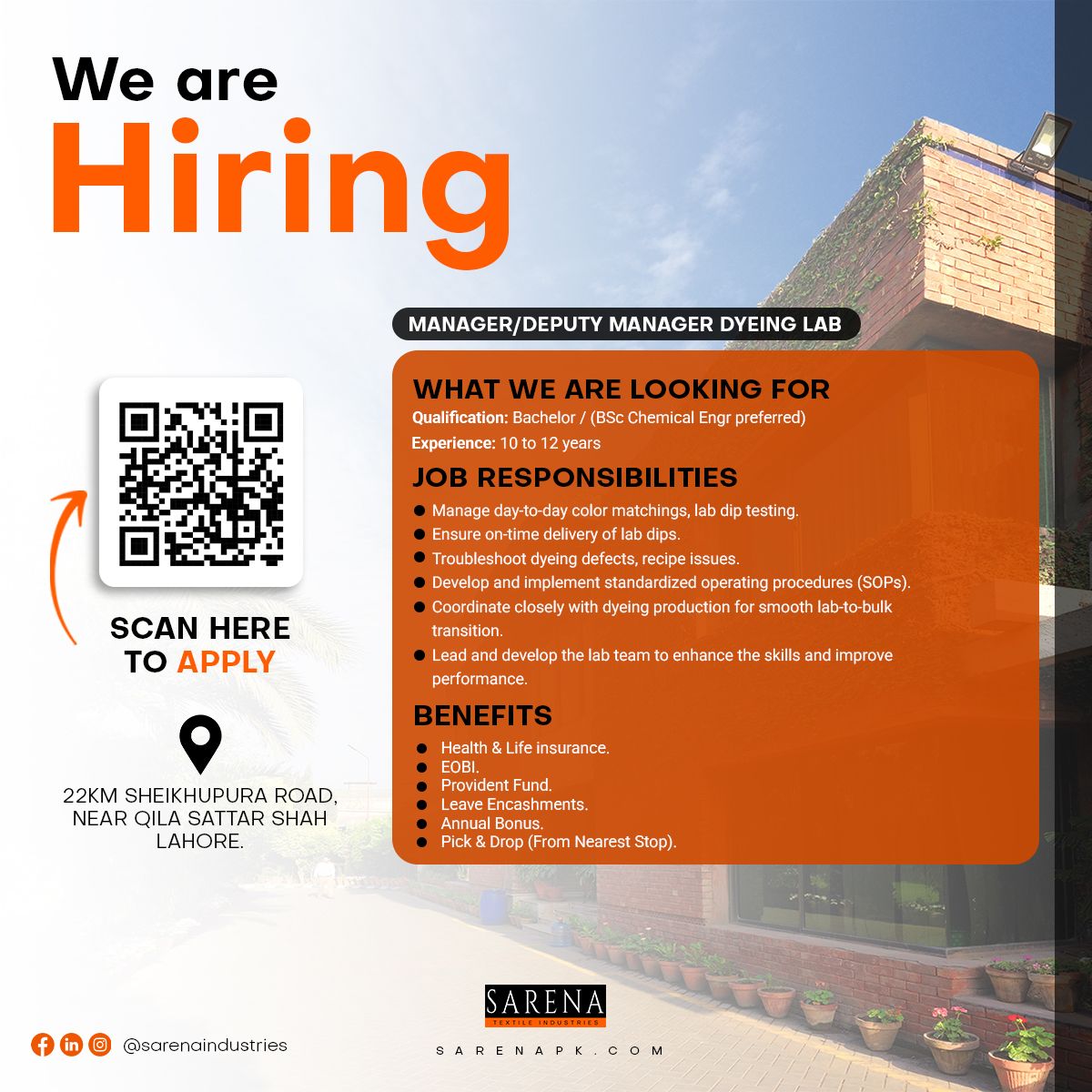 Sarena Industries Jobs Manager/Deputy Manager Dyeing Lab 1