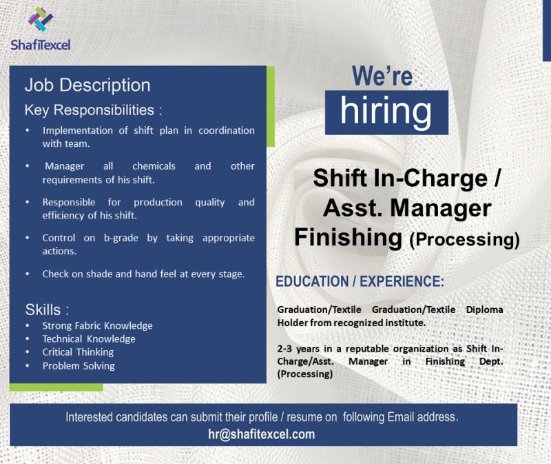 Shafi Texcel Limited Jobs Shift Incharge / Assistant Manager Finishing 1