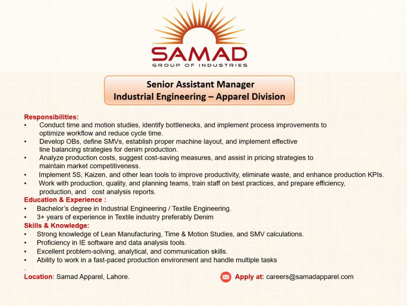 Samad Group Of Industries Jobs Senior Assistant Manager Industrial Engineering 1