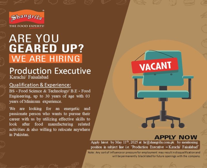 Shangrila Foods (Private) Limited Jobs Production Executive 1