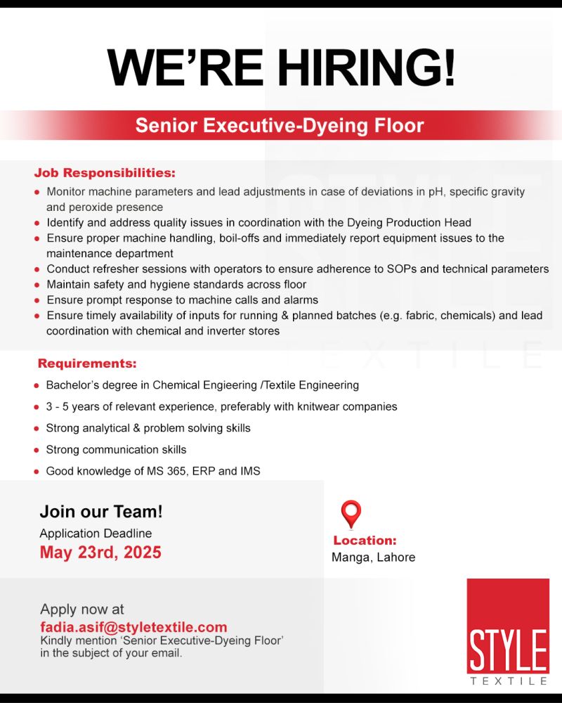 Style Textile Pvt Ltd Jobs Senior Executive Dyeing Floor 1