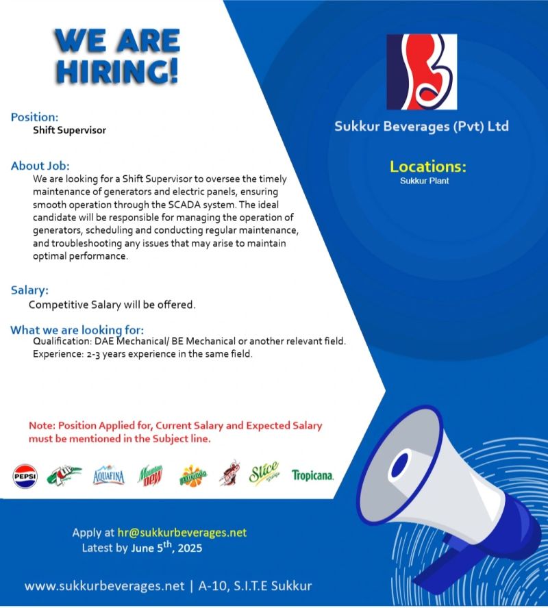 Sukkur Beverages Pvt Ltd Jobs Shift Supervisor 1