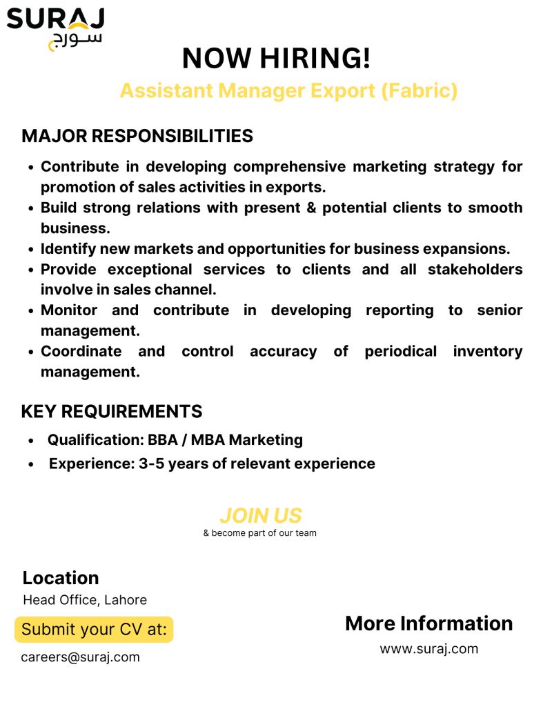 Suraj Cotton Mills Limited Jobs Assistant Manager Export 1