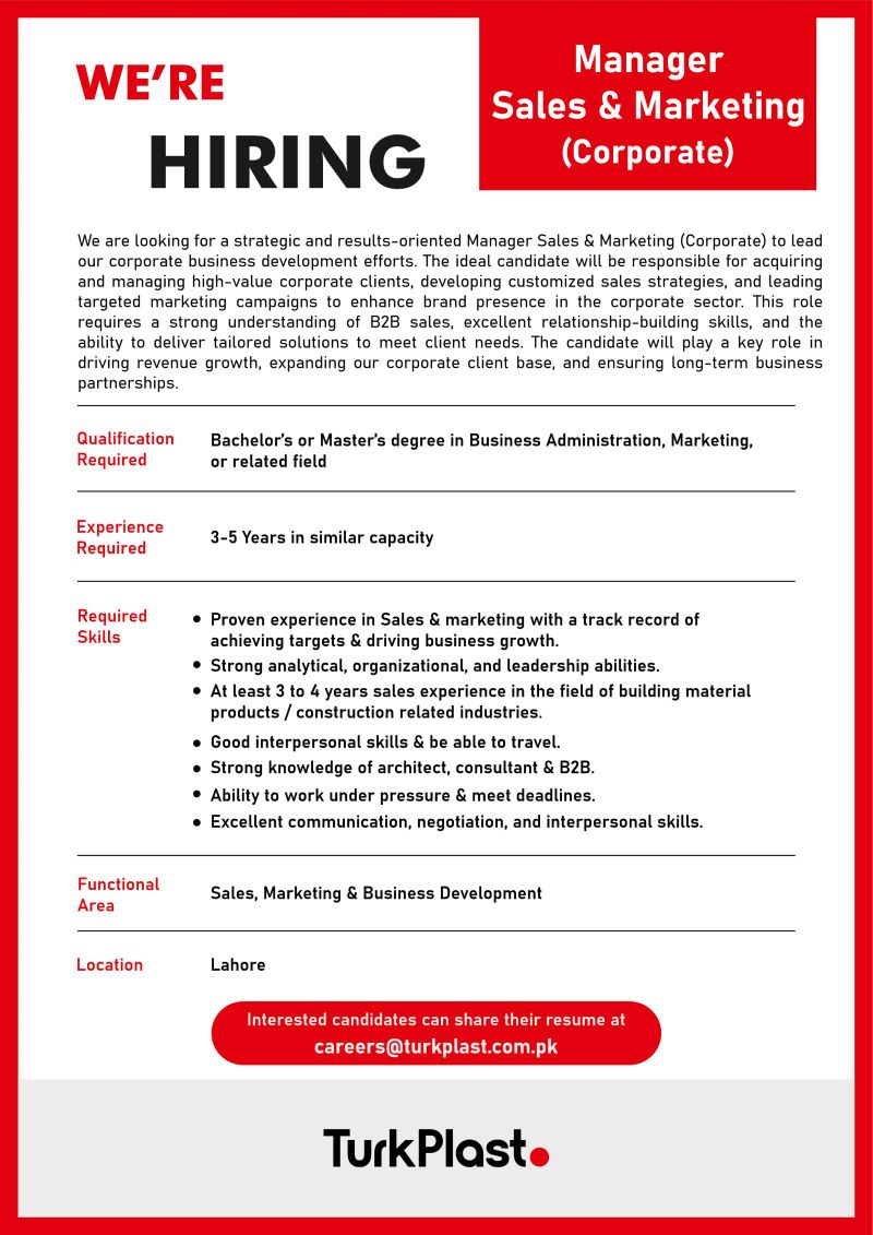 TurkPlast Pvt Ltd Jobs Manager Sales & Marketing (Corporate) 1
